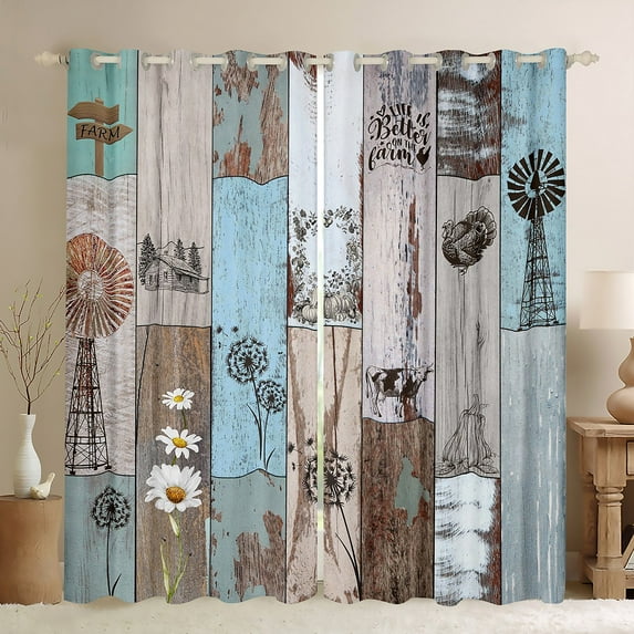 Patchwork Farmhouse Blackout Curtains Vintage Country Rustic Curtains 52"Wx63"L, Western Animal Wooden Plank Wood Decor Curtains & Drapes Cabin Room Decor Dandelion Daisy Window Curtains 2 Panels