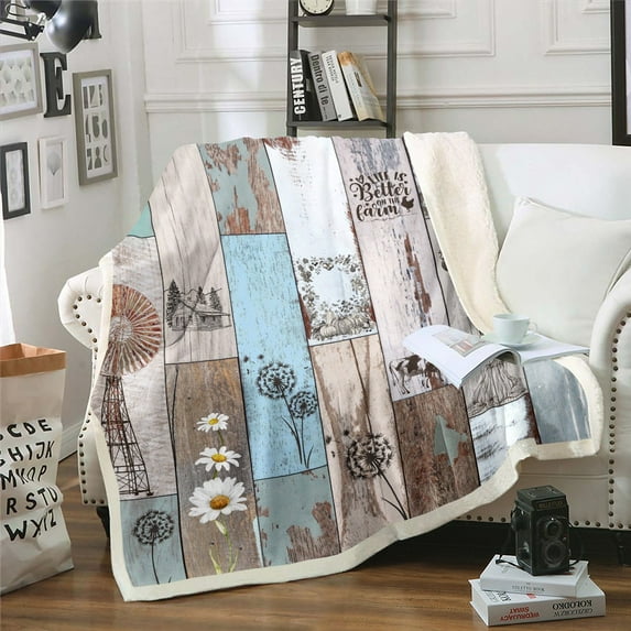 Patchwork Farmhouse Fleece Blanket Vintage Country Rustic Throw Blanket Throw Size, Western Animal Wooden Plank Decor Sherpa Blanket Cabin Decor Dandelion Daisy Fuzzy Blanket Decorative Sofa Couch