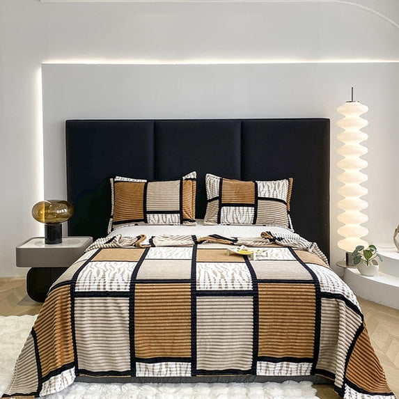 Patchwork Flannel Summer Blanket Soft Fuzzy Warm Multifunctional Throw Color Block Striped Design Washable Napping Bed Blanket 39×59 In