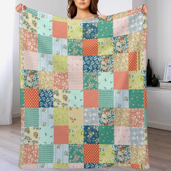 Patchwork Flannel Throw Blanket Boho Floral Vintage Boho Colorful Spring Wild Flower Pattern Soft Blanket for Home Couch Bed Sofa Chairs Travel Decor for All Seasons, 40x50in