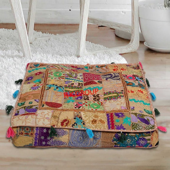 Patchwork Floor Pillow Square Large Boxed Shaped Premium Hypoallergenic Square Stuffer Best for Meditation Floor Pillow Cover, Dog Beds, Lounger, Pet Beds (Size -35x35x6 INCH ; Color: Baige )