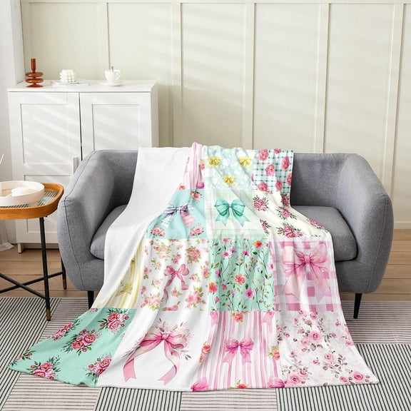 Patchwork Floral Bow Print Throw Blanket Soft Flannel Decorative Blanket For Sofa Bedroom Couch Travel