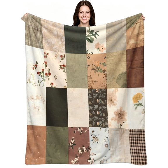 Patchwork Floral Cottage Boho, Soft Flannel Fleece, Rustic Cottage Boho Style, Cozy Throw Blanket, Relaxing Warm Feel, Home Decor Accent, Ideal for Bed Couch