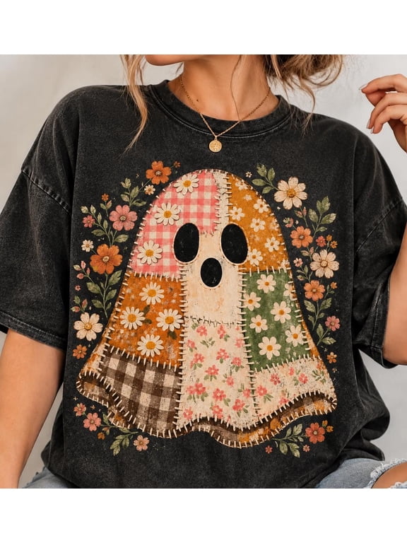 Patchwork Floral Ghost Png,Checkered Floral Boho Fall Shirt Design,Retro Ghost Png,Preppy Distressed Halloween Sublimation,Trendy Viral Png