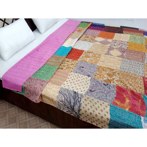Patchwork Floral Kantha Bedding Floral Print Kantha Throw Queen Quilt Cotton Light Weight Winter Summer Vintage Blanket Bedding Bedspread