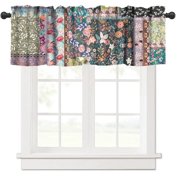 Patchwork Floral Kitchen Curtain Valance, Bohemian Colorful Botanical Vintage Retro Indian Pocket Short Cafe Small Window Treatment Drapes Decor 54W x 18L in