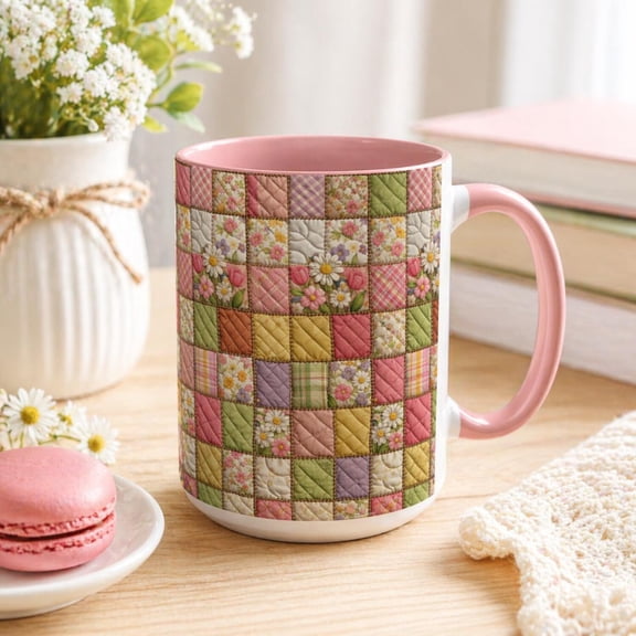 Patchwork Floral Mug, Cottagecore Quilted Coffee Cup, Pink Spring Tea Mug