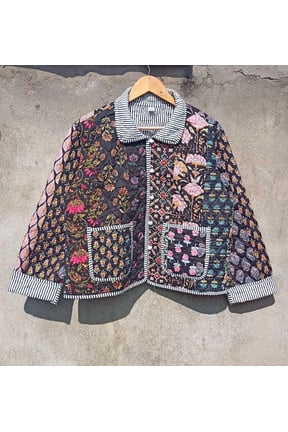 Patchwork Floral Print Cotton Handmade Kantha Jacket, Womens Clothing Quilted Reversible Coat Kimono Indian Hand Printed Vintage Boho Vest Christmas Gift CQJ-03_M