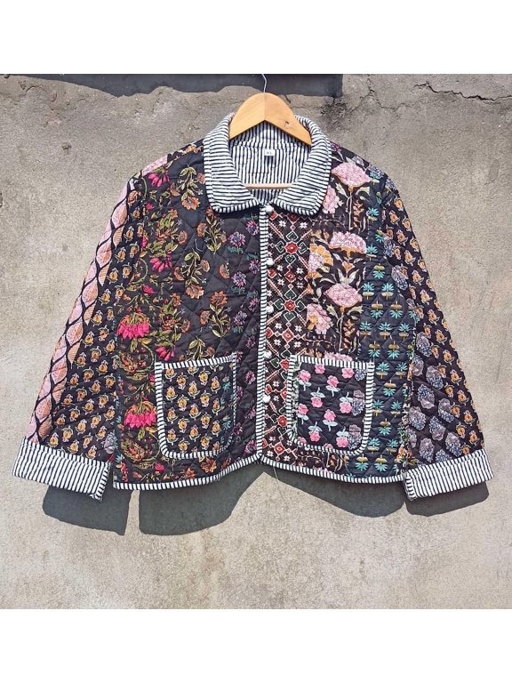 Patchwork Floral Print Cotton Handmade Kantha Jacket, Womens Clothing Quilted Reversible Coat Kimono Indian Hand Printed Vintage Boho Vest Christmas Gift CQJ-03_M