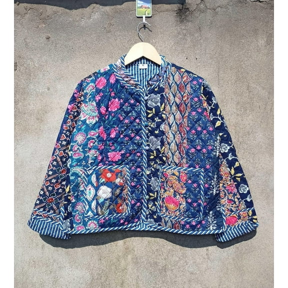 Patchwork Floral Print Cotton Handmade Kantha Jacket, Womens Clothing Quilted Reversible Coat Kimono Indian Hand Printed Vintage Boho Vest Christmas Gift CQJ-03_XL