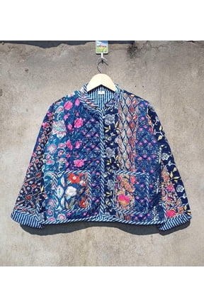 Patchwork Floral Print Cotton Handmade Kantha Jacket, Womens Clothing Quilted Reversible Coat Kimono Indian Hand Printed Vintage Boho Vest Christmas Gift CQJ-03_XL