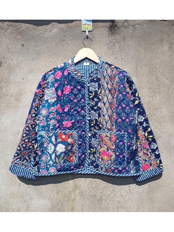 Patchwork Floral Print Cotton Handmade Kantha Jacket, Womens Clothing Quilted Reversible Coat Kimono Indian Hand Printed Vintage Boho Vest Christmas Gift CQJ-03_XL
