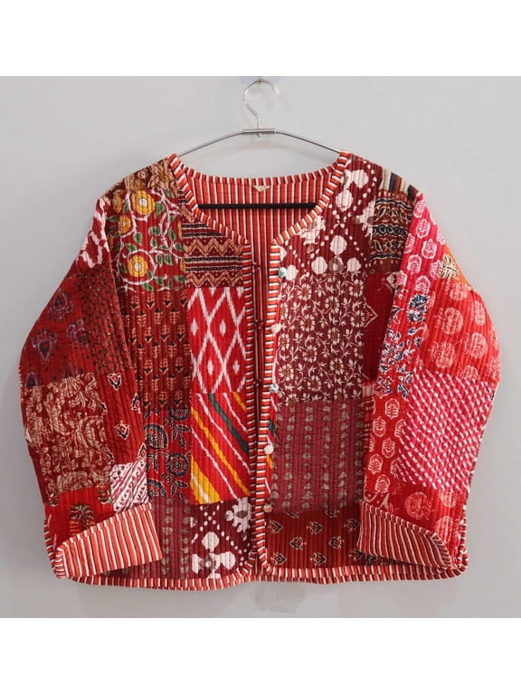 Patchwork Floral Print Cotton Handmade Kantha Jacket, Womens Clothing Quilted Reversible Coat Kimono Indian Hand Printed Vintage Boho Vest Christmas Gift CQJ-03_M