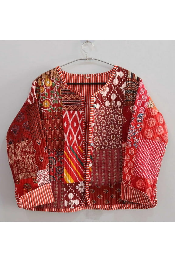 Patchwork Floral Print Cotton Handmade Kantha Jacket, Womens Clothing Quilted Reversible Coat Kimono Indian Hand Printed Vintage Boho Vest Christmas Gift CQJ-03_M