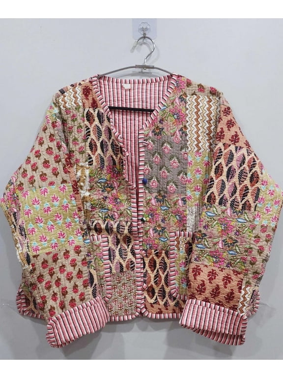 Patchwork Floral Print Cotton Handmade Kantha Jacket, Womens Clothing Quilted Reversible Coat Kimono Indian Hand Printed Vintage Boho Vest Christmas Gift CQJ-03_XL