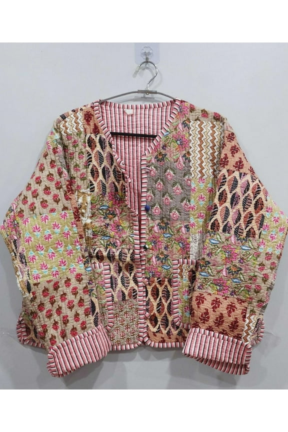 Patchwork Floral Print Cotton Handmade Kantha Jacket, Womens Clothing Quilted Reversible Coat Kimono Indian Hand Printed Vintage Boho Vest Christmas Gift CQJ-03_XL