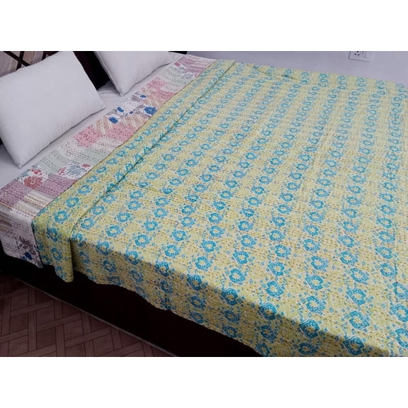 Patchwork Floral Reversible Kantha Bedding Floral Print Kantha Throw Queen Quilt Cotton Light Weight Winter Summer bedding
