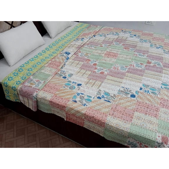 Patchwork Floral Reversible Kantha Bedding Floral Print Kantha Throw Queen Quilt Cotton Light Weight Winter Summer bedding