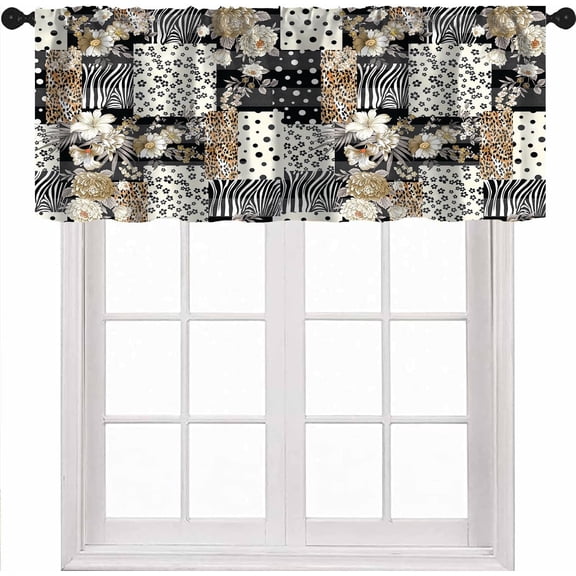 Patchwork Floral Valance Curtains, Rustic Patchwork Design Leopard Flower Print Small Short Window Curtain Valances for Kitchen Living Room Dinning Room Bedroom, 54x18 Inch