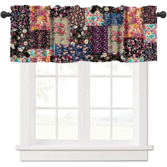 Patchwork Flower Kitchen Curtain Valance, Bohemian Colorful Botanical Vintage Retro Indian Pocket Short Cafe Small Window Treatment Drapes Decor 54W x 18L Inch