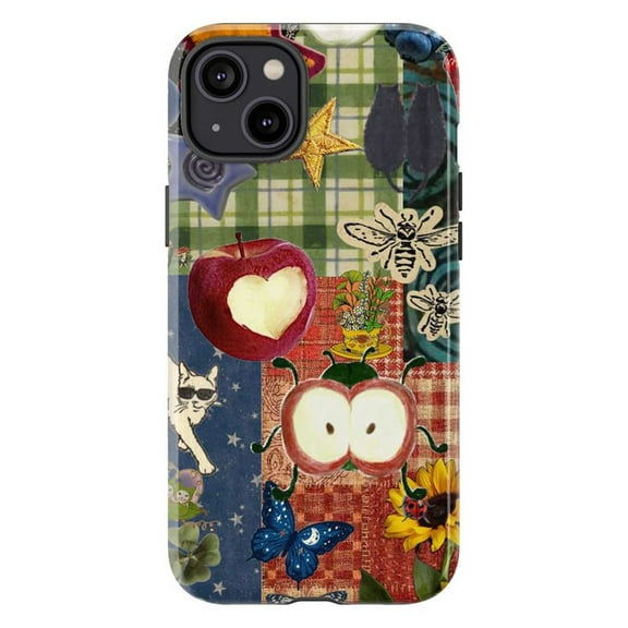 Patchwork Folk Art Collage Phone Case, Whimsical Cats and Apple Design Protective Cover for iPhone 17 16 15 14 13 12 11 Pro Plus Max Mini