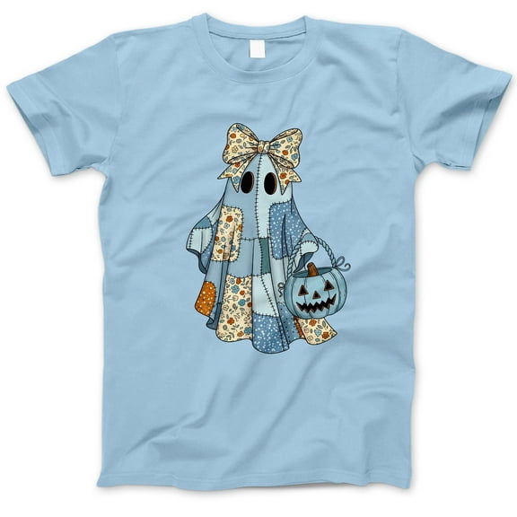Patchwork Ghost Halloween T-Shirt, Cute Quilt Style Ghost with Bow and Pumpkin Bucket Tee, Spooky Season Shirt, Cozy Fall Aesthetic Gift