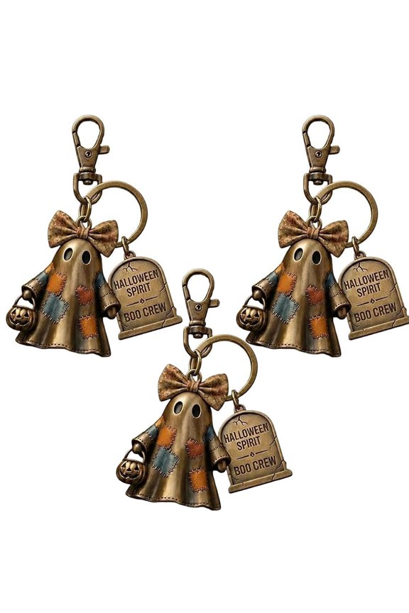 Patchwork Ghost Keychain with Pumpkin Bucket and Tombstone Charm, Antique Bronze Halloween Decor