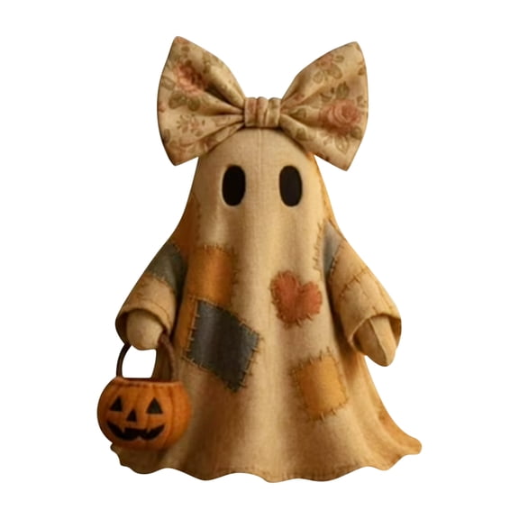 Patchwork Ghost Plush Statue, Lighted Vintage Patchwork Ghost, Light Up Ghost With Pumpkin Lantern Halloween Decor, Vintage Halloween Patchwork Ghosts Lamp, Rustic Fall Figurine Decoration, Yellow