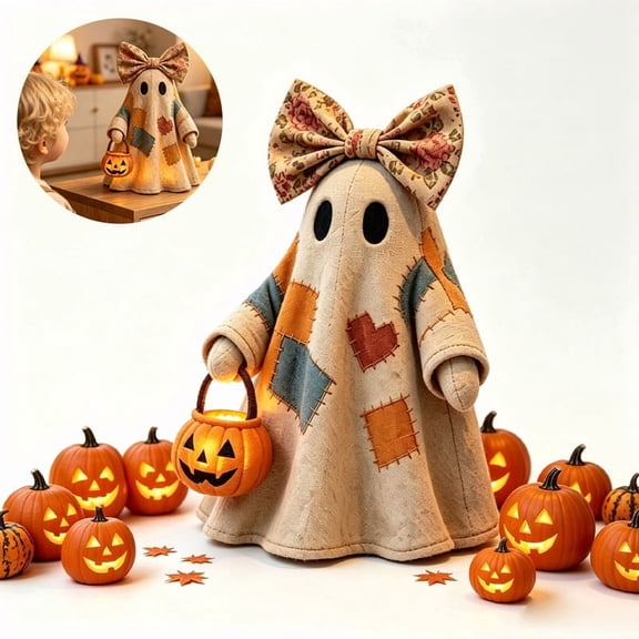 Patchwork Ghost Resin Tabletop Decor with Bow, Light Up Pumpkin Ghost LED Figurine, Primitive Halloween Indoor Table Shelf Mantel Ornament, Rural Country Farmhouse Style, 10 Inches