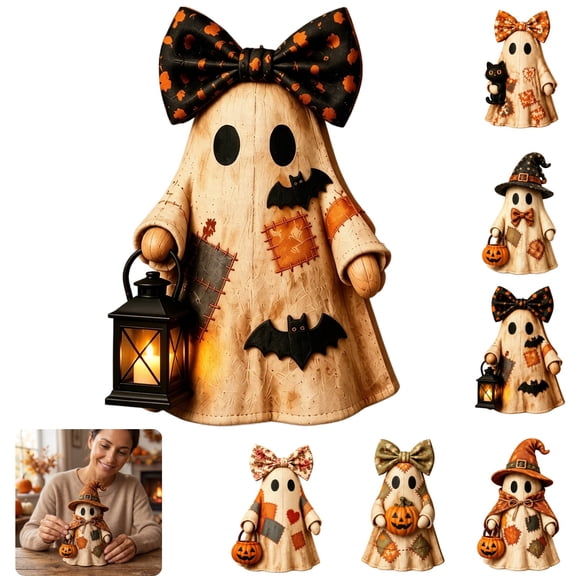 Patchwork Ghost Rustic Halloween Figurine Woven Ghost Decor Halloween Vintage Decor Nostalgic Halloween Decor Halloween Pumpkin Decor Indoor Shelf Ornament,Without light-D