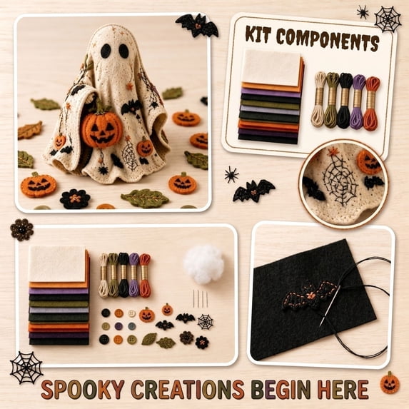 Patchwork Ghost Sewing Craft Kit for Adults Beginners, Halloween DIY Handmade Decor Set with Full Accessories, Relaxing Project for Sewing Lovers & Craft Enthusiasts (Pumpkin)