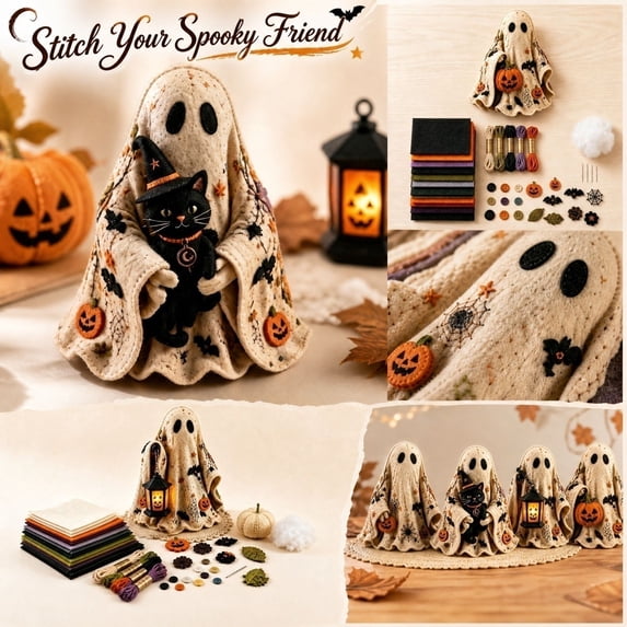 Patchwork Ghost Sewing Craft Kit for Adults Beginners, Halloween DIY Handmade Decor Set with Full Accessories, Relaxing Project for Sewing Lovers & Craft Enthusiasts (Lamp)
