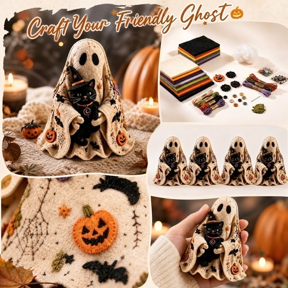 Patchwork Ghost Sewing Craft Kit for Adults Beginners, Halloween DIY Handmade Decor Set with Full Accessories, Relaxing Project for Sewing Lovers & Craft Enthusiasts (Black Cat)