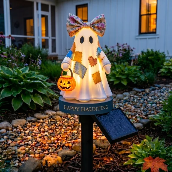Patchwork Ghost Solar Garden Stake Light - Halloween Decorations, Solar LED Ghost Light for Yard, Pathway, Fall Festival, Summerween Decor, Weather-Resistant