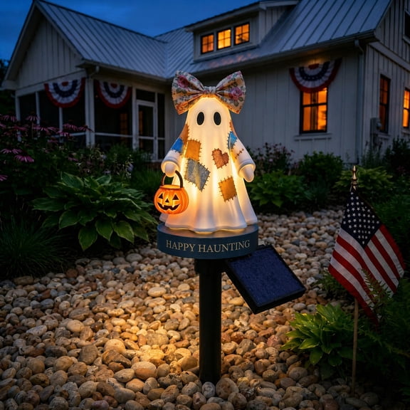Patchwork Ghost Solar Garden Stake Light - Outdoor Halloween Decor, Warm LED Ghost Stake for Yard, Fall Festival, Trick-or-Treat, Summerween Decor, Holloween Gifts
