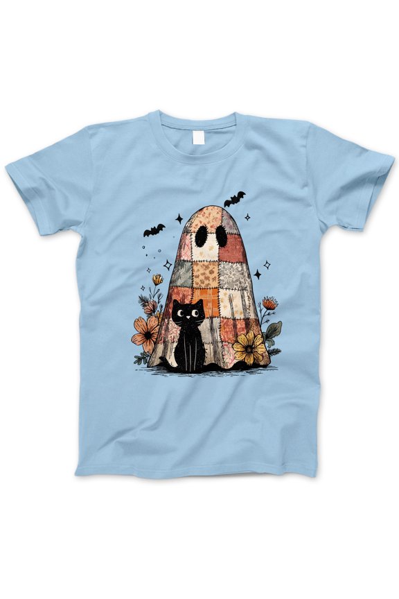 Patchwork Ghost and Black Cat Halloween T-Shirt, Cute Spooky Floral Tee, Cozy Fall Aesthetic Shirt, Witchy Cat Lover Gift for Halloween