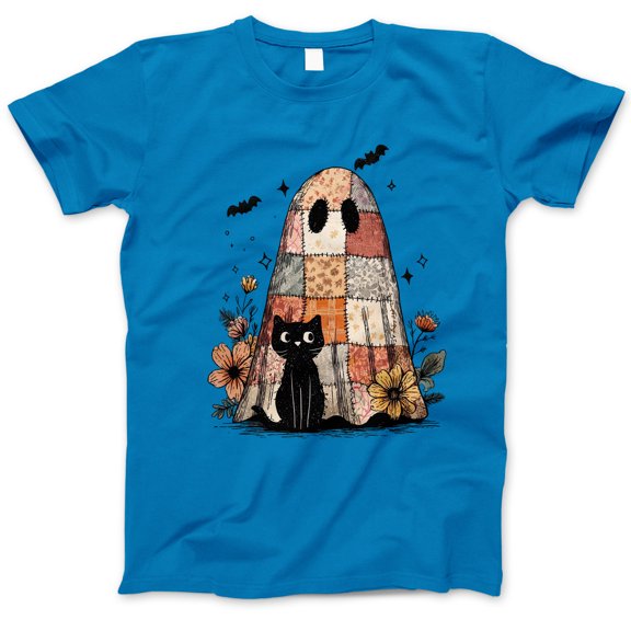 Patchwork Ghost and Black Cat Halloween T-Shirt, Cute Spooky Floral Tee, Cozy Fall Aesthetic Shirt, Witchy Cat Lover Gift for Halloween