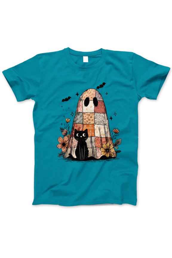 Patchwork Ghost and Black Cat Halloween T-Shirt, Cute Spooky Floral Tee, Cozy Fall Aesthetic Shirt, Witchy Cat Lover Gift for Halloween