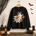 thumbnail image 1 of Ghost with Leopard Bow Imitation Patchwork Sweatshirt, Rustic Halloween Pumpkin Trick or Treat Sweater, 1 of 9