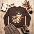 thumbnail image 1 of Ghost with Leopard Bow Imitation Patchwork Sweatshirt, Rustic Halloween Pumpkin Trick or Treat Sweater, 1 of 9