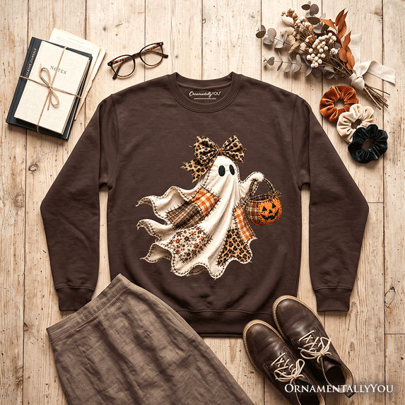 Ghost with Leopard Bow Imitation Patchwork Sweatshirt, Rustic Halloween Pumpkin Trick or Treat Sweater