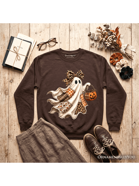 Ghost with Leopard Bow Imitation Patchwork Sweatshirt, Rustic Halloween Pumpkin Trick or Treat Sweater