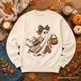 thumbnail image 1 of Ghost with Leopard Bow Imitation Patchwork Sweatshirt, Rustic Halloween Pumpkin Trick or Treat Sweater, 1 of 9