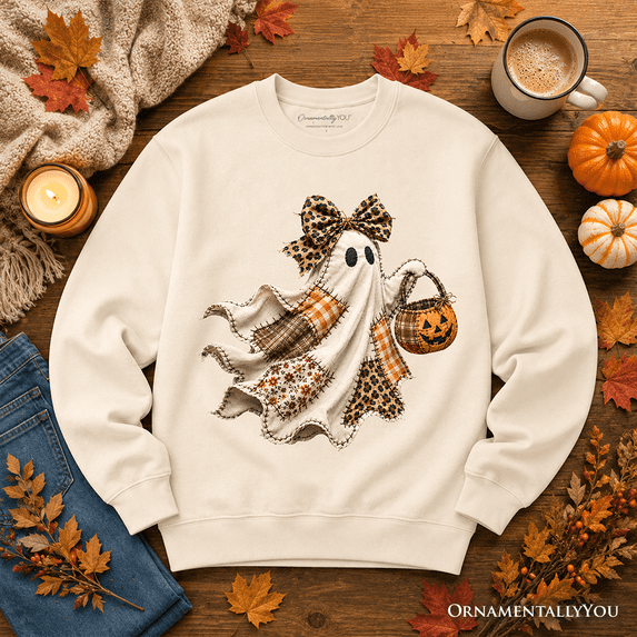 Ghost with Leopard Bow Imitation Patchwork Sweatshirt, Rustic Halloween Pumpkin Trick or Treat Sweater