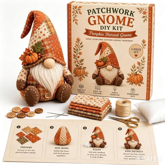 Patchwork Gnome DIY Kit – Premium Material Sewing Set to Create Unique Holiday Characters for Shelf Display (Autumn Pumpkin Gnome)