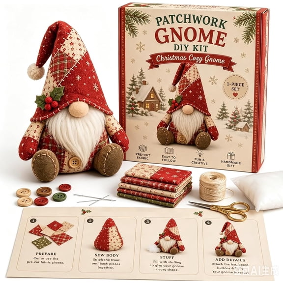 Patchwork Gnome DIY Kit – Premium Material Sewing Set to Create Unique Holiday Characters for Shelf Display (Christmas Red Gnome)