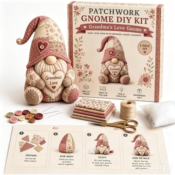 Patchwork Gnome DIY Kit – Premium Material Sewing Set to Create Unique Holiday Characters for Shelf Display (Pink Floral Heart Gnome)