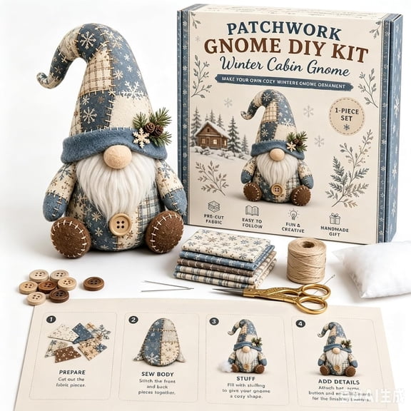 Patchwork Gnome DIY Kit – Seasonal Collection Sewing Set, Create Adorable Gnomes for Year-Round Home Styling (Vintage Blue Plaid Gnome)