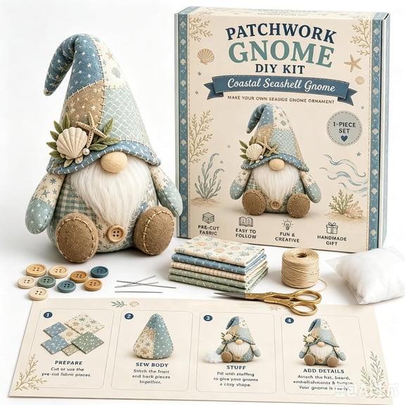 Patchwork Gnome DIY Kit – Traditional Quilted Style Sewing Project, Festive Decoration for Living Room & Bedroom (Nautical Seashell Gnome)