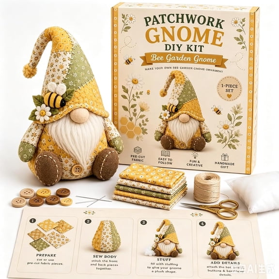 Patchwork Gnome DIY Kit for Adults – Fun Needlework Project to Make Cozy Winter & Autumn Gnome Decorations (Spring Daisy Gnome)